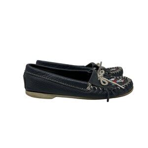 Minnetonka Womens Beaded Moccasins Black Leather Loafers Slip-On Size 6